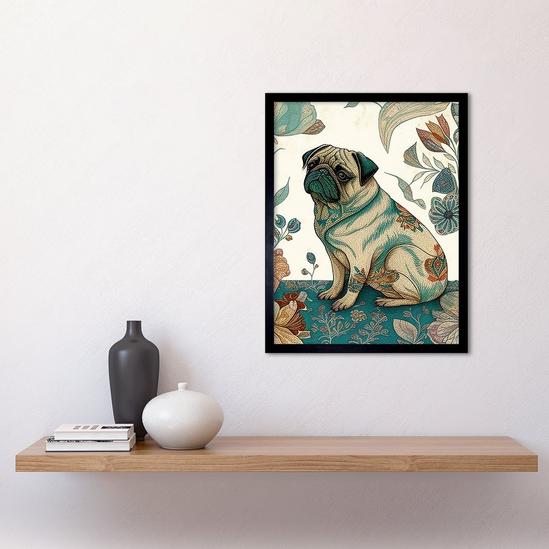 Artery8 Wall Art Print Pug Dog with Floral Patterns Vintage Inspired Multicoloured Linocut Art Framed 2