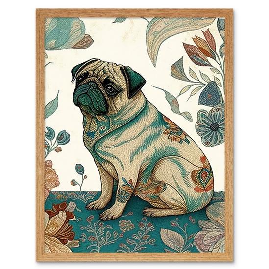 Artery8 Pug Dog with Floral Patterns Vintage Inspired Multicoloured Linocut Illustration Art Print Framed Poster Wall Decor 12x16 inch 1