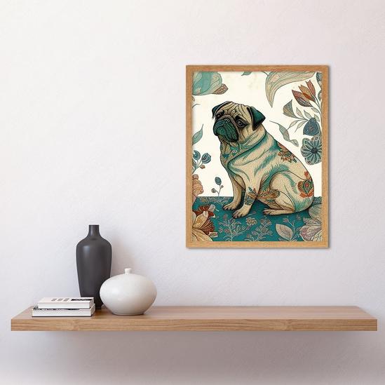 Artery8 Pug Dog with Floral Patterns Vintage Inspired Multicoloured Linocut Illustration Art Print Framed Poster Wall Decor 12x16 inch 2