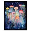 Artery8 Wall Art Print Group Of Jellyfish Multicoloured Folk Art Watercolour Painting Art Framed thumbnail 1