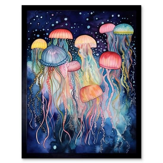 Artery8 Wall Art Print Group Of Jellyfish Multicoloured Folk Art Watercolour Painting Art Framed 1