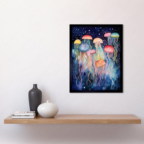 Artery8 Wall Art Print Group Of Jellyfish Multicoloured Folk Art Watercolour Painting Art Framed 2
