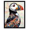 Artery8 Wall Art Print Multicolour Pattern Feather Puffin Bird Folk Art Framed thumbnail 1