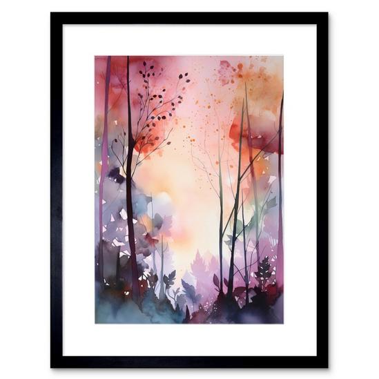 Artery8 Wall Art Print Ethereal Misty Autumn Forest Landscape at Dawn Modern Watercolour Painting Artwork Framed 9X7 Inch 1
