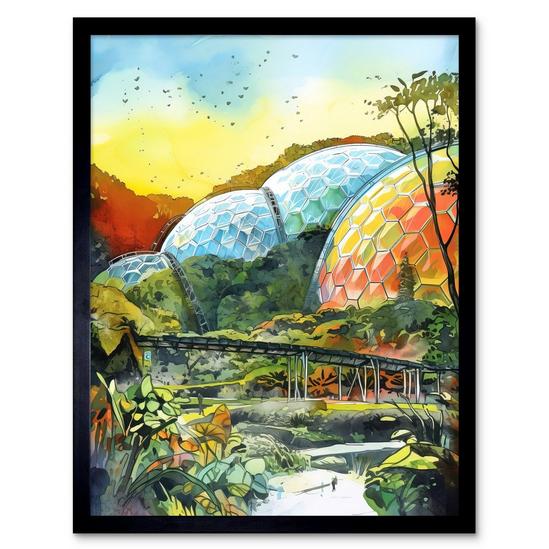Artery8 Wall Art Print Botanical Garden Greenhouse Domes at Sunrise Modern Watercolour Painting Art Framed 1