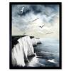 Artery8 Wall Art Print Seagulls Flying Over the White Cliffs of Dover in England Modern Linocut Art Framed thumbnail 1