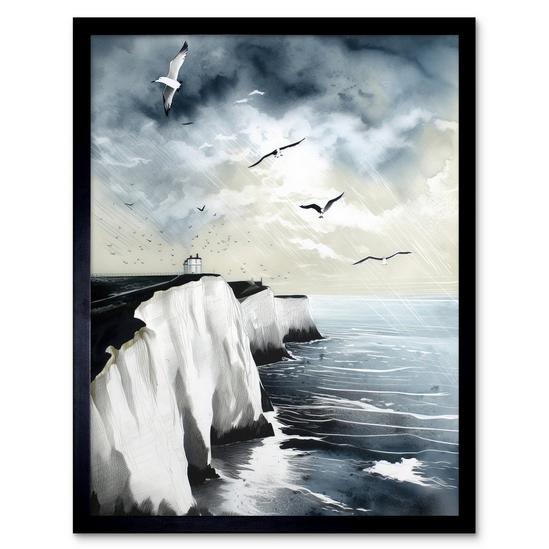 Artery8 Wall Art Print Seagulls Flying Over the White Cliffs of Dover in England Modern Linocut Art Framed 1