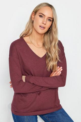LTS Tall Women's Black V-Neck Long Sleeve Cotton T-Shirt