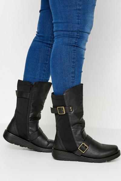 Extra Wide Fit Faux Leather Wedge Buckle Boots