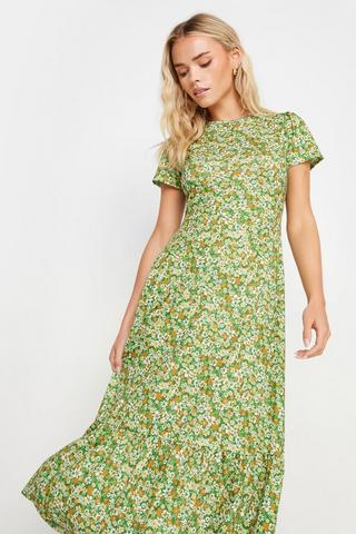 Product Petite Ditsy Floral Print Tiered Midi Dress Green