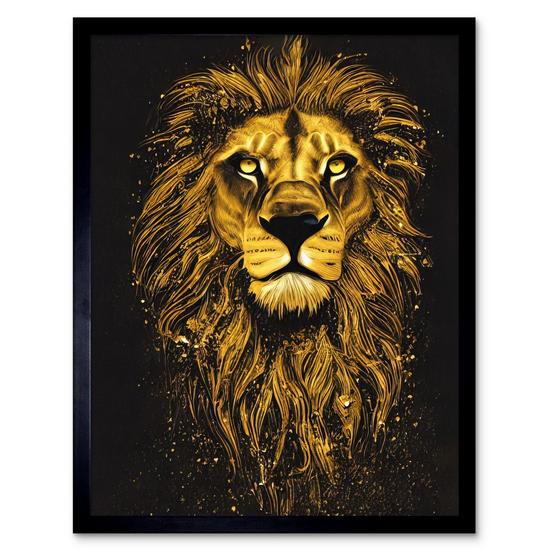 Artery8 Wall Art Print King Of The Pride Male Lion Golden Mane Painting Gustav Dore Style Black And Gold Art Framed 1