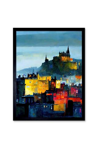 Product Wall Art Print Colourful Modern Edinburgh Castle Cityscape Acrylic Painting Art Framed Black