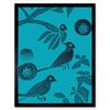 Artery8 Wall Art Print Linocut Vintage Blue Birds Jungle Pattern Teal Art Framed thumbnail 1