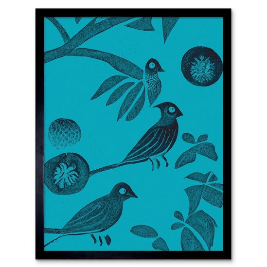 Artery8 Wall Art Print Linocut Vintage Blue Birds Jungle Pattern Teal Art Framed 1