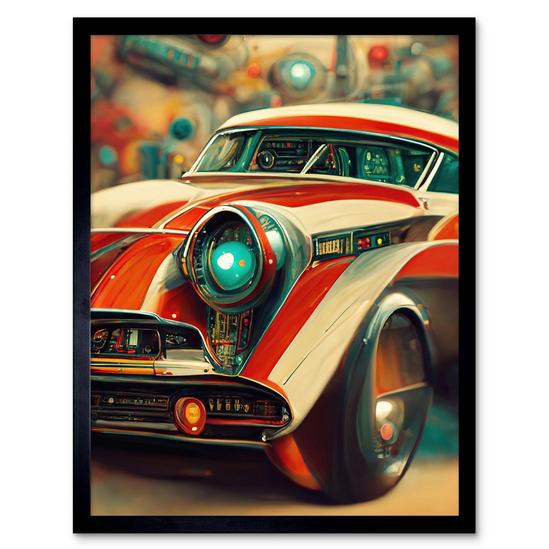 Artery8 Wall Art Print Atompunk Retro Striped Red Classic Car In Repair Shop Kids Art Framed 1