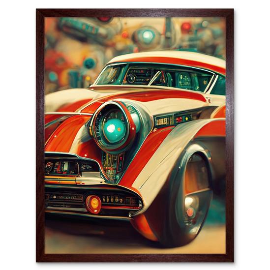 Artery8 Atompunk Retro Striped Red Classic Car In Repair Shop Kids Art Print Framed Poster Wall Decor 12x16 inch 1