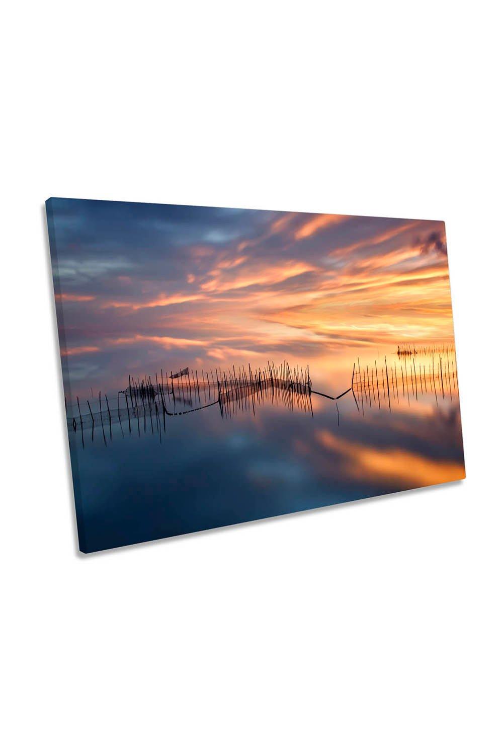 Fish Nets Sunset Calm Waters Canvas Wall Art Picture Print
