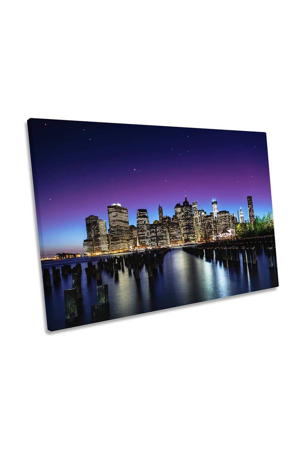 New York City Skyline Night Purple Canvas Wall Art Picture Print