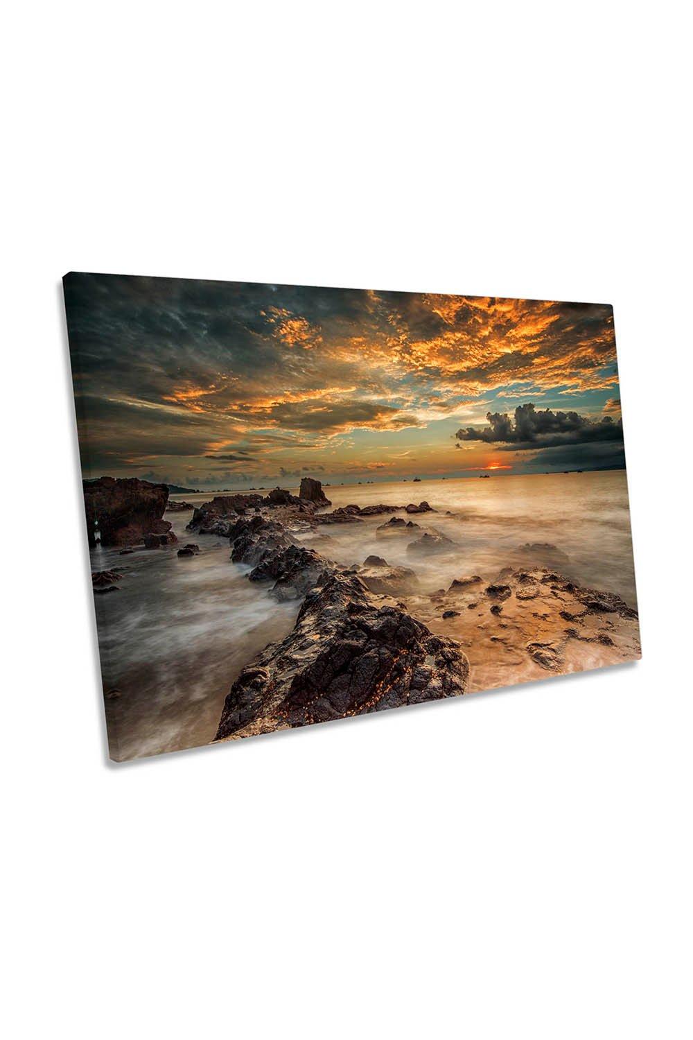 Angry Beach Orange Sunset Canvas Wall Art Picture Print