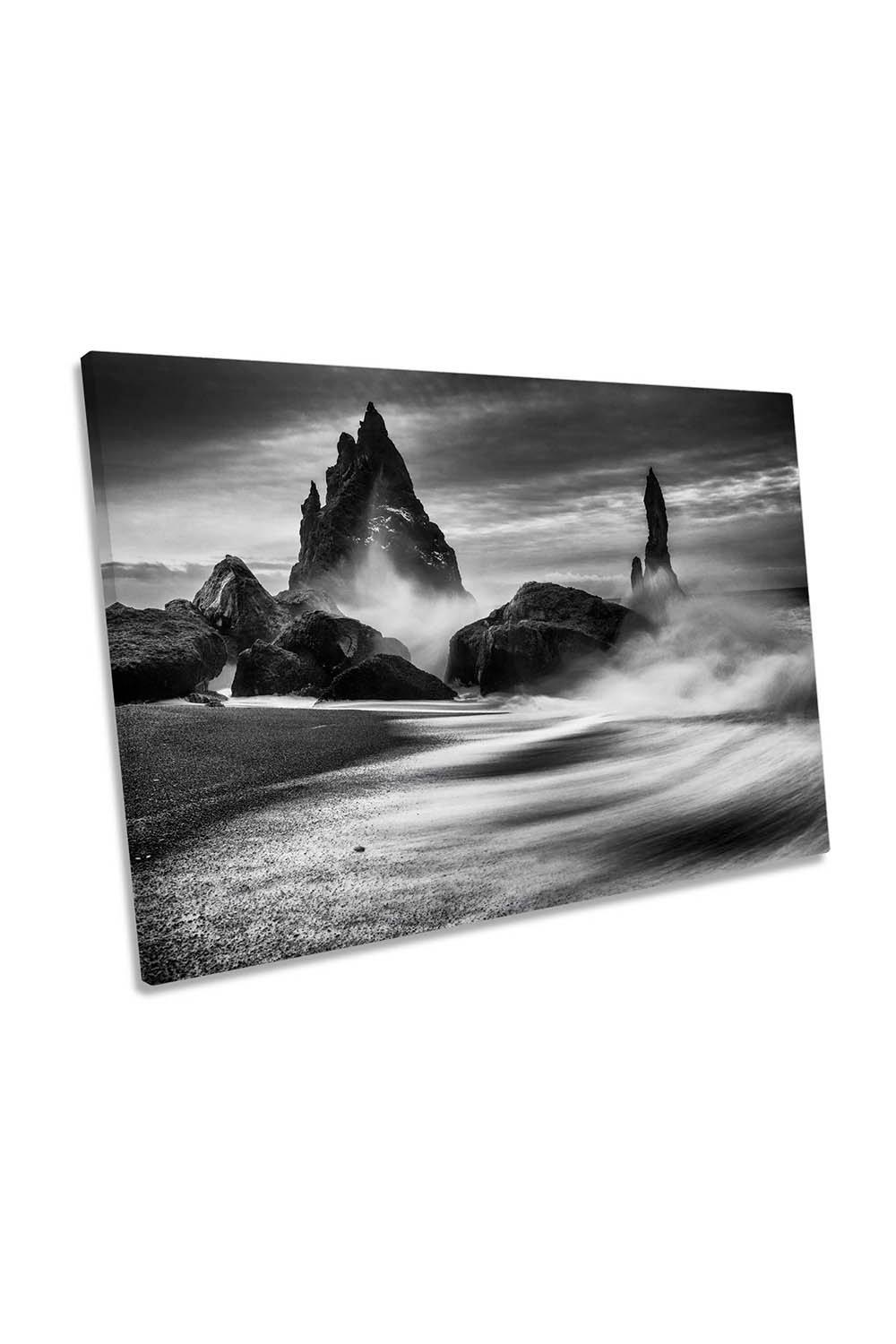 Iceland Rocks Ocean Seascape Black and White Canvas Wall Art Picture Print