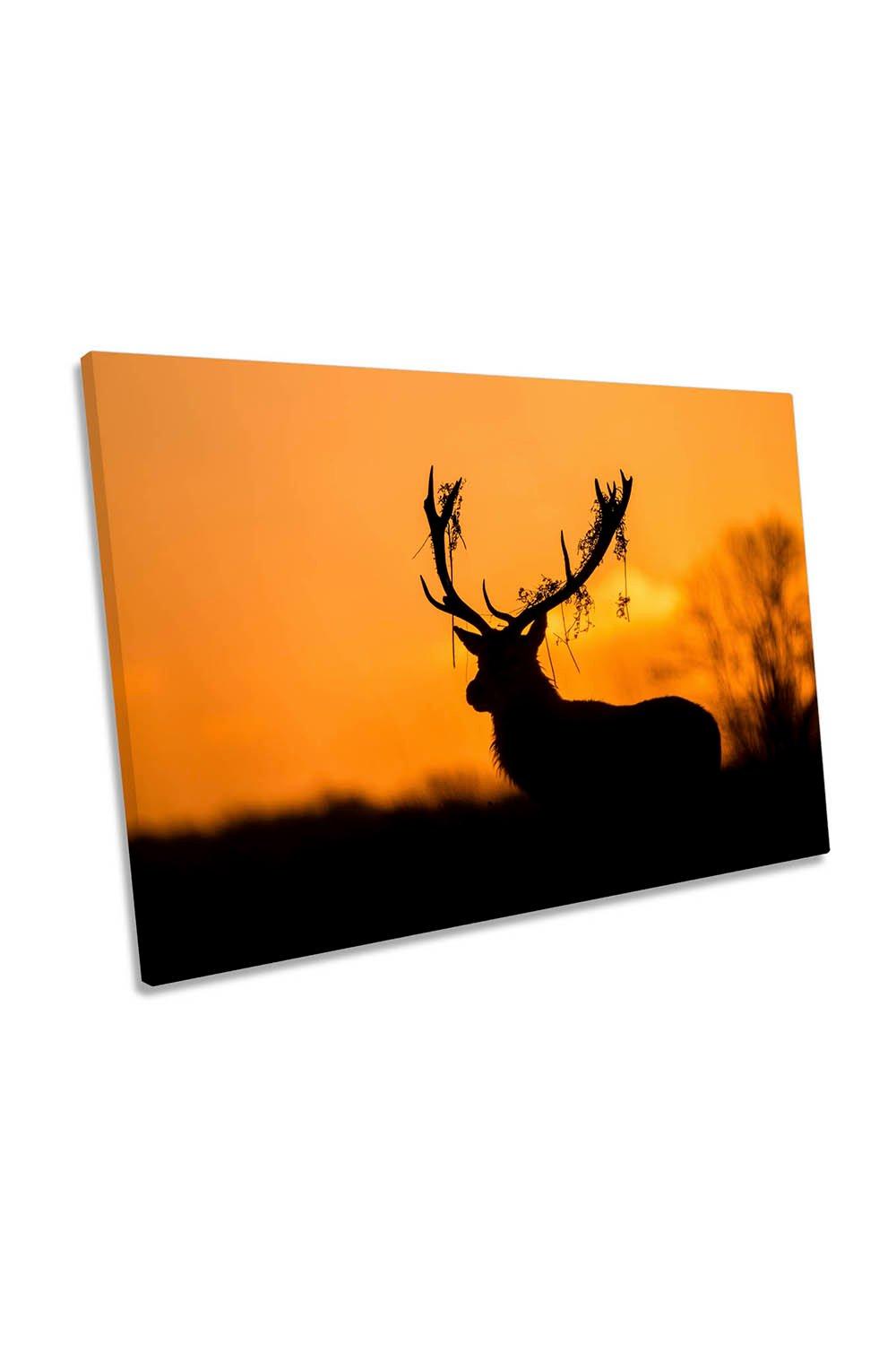 Deer Stag Antlers Sunset Silhouette Canvas Wall Art Picture Print