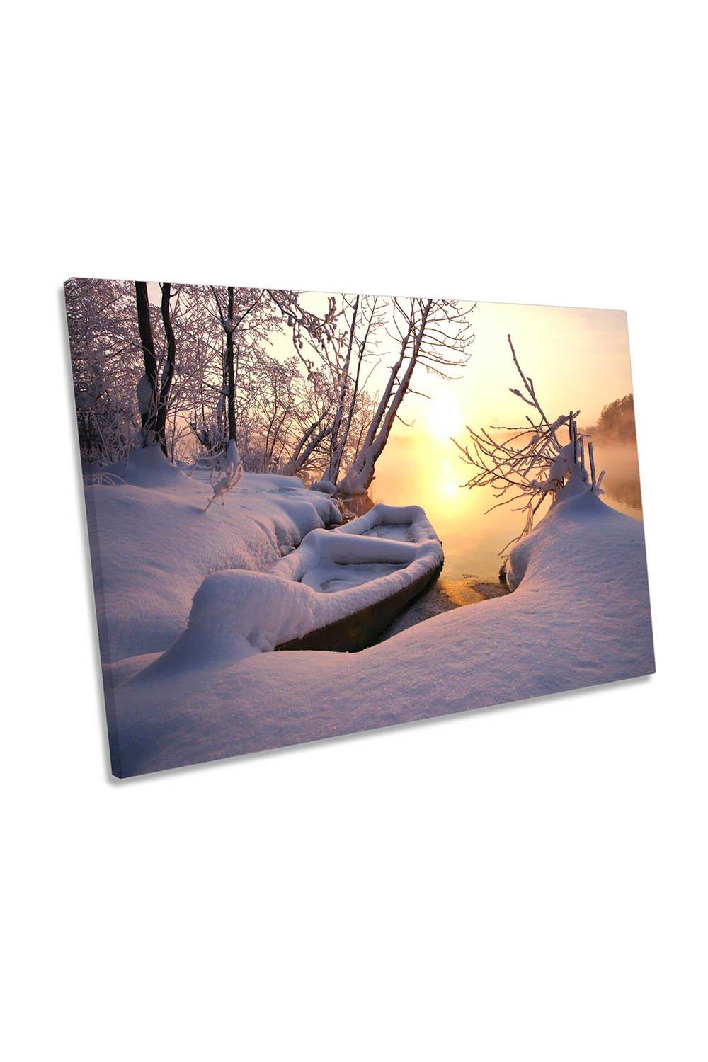 Shatura Morning Lake Snow Boat Sunset Canvas Wall Art Picture Print