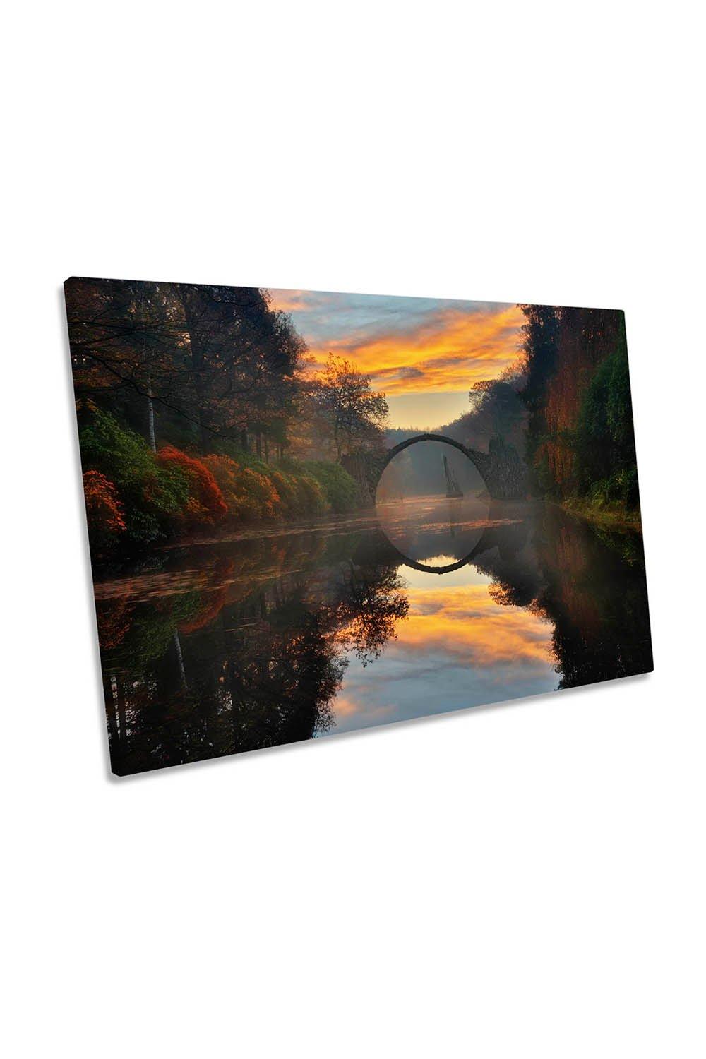Autumn Garden Sunset Lake Bridge Canvas Wall Art Picture Print