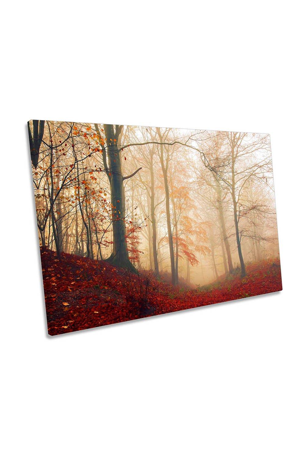 Misty Forest Red Landscape Countryside Canvas Wall Art Picture Print