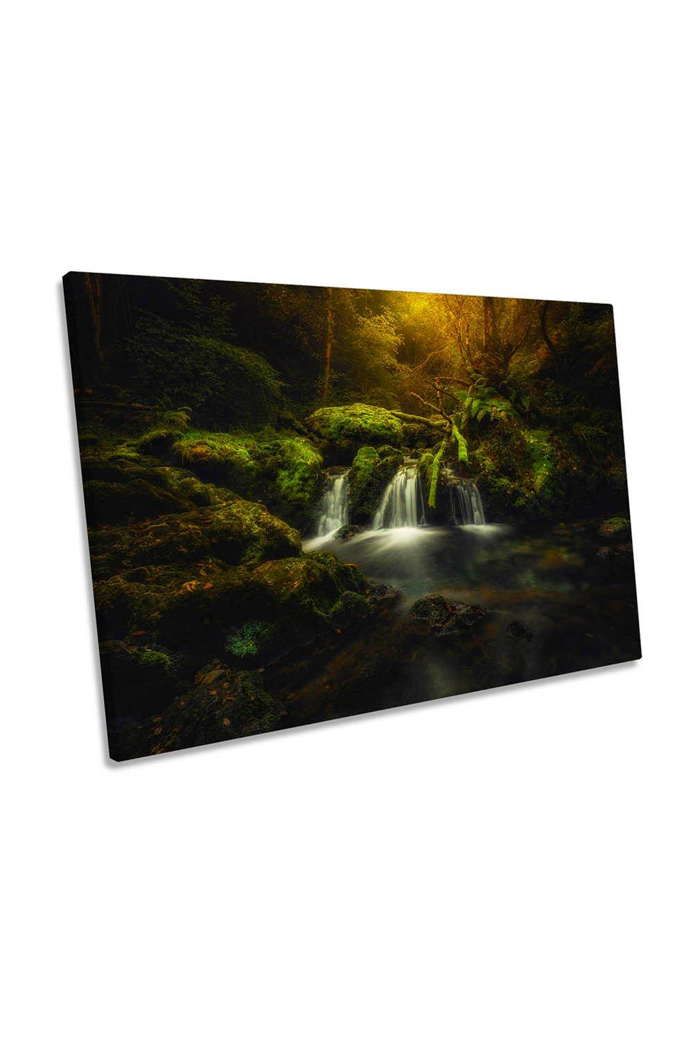 Green Forest Waterfall River Landscape Canvas Wall Art Picture Print