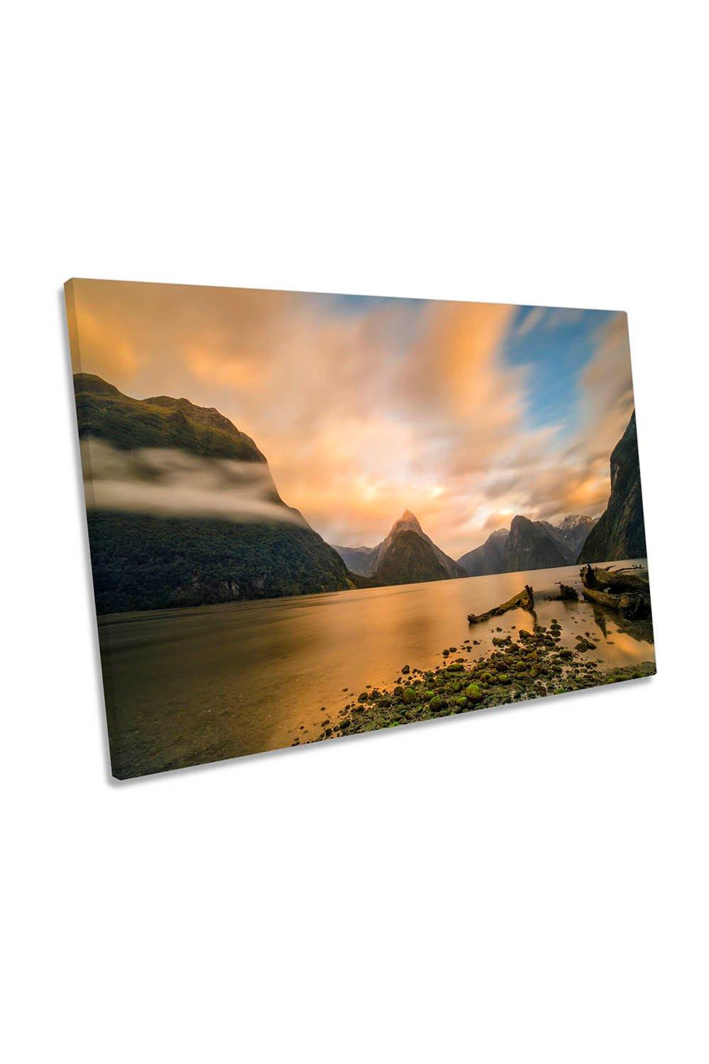 Milford Lake Sunset New Zealand Landscape Canvas Wall Art Picture Print