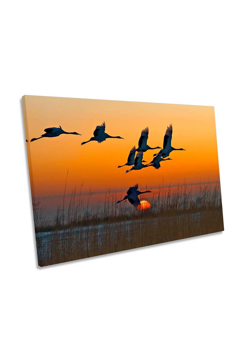 Red-Crowned Cranes Birds Sunset Orange Canvas Wall Art Picture Print