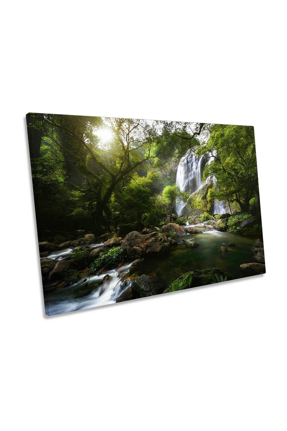 Mountain Waterfall River Forest Green Canvas Wall Art Picture Print