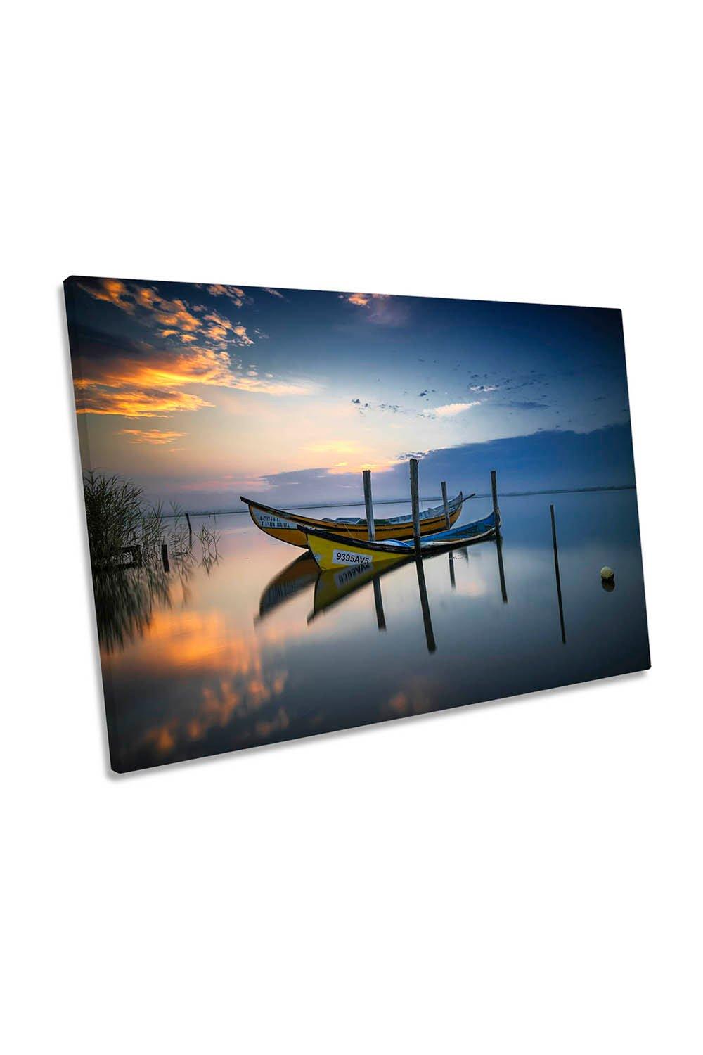 The Boats Calm Lake Reflection Canvas Wall Art Picture Print