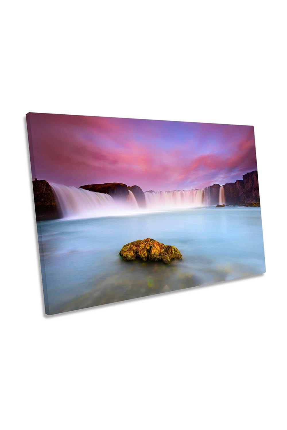 Godafoss and the Moon Stone Sunset Pink Canvas Wall Art Picture Print