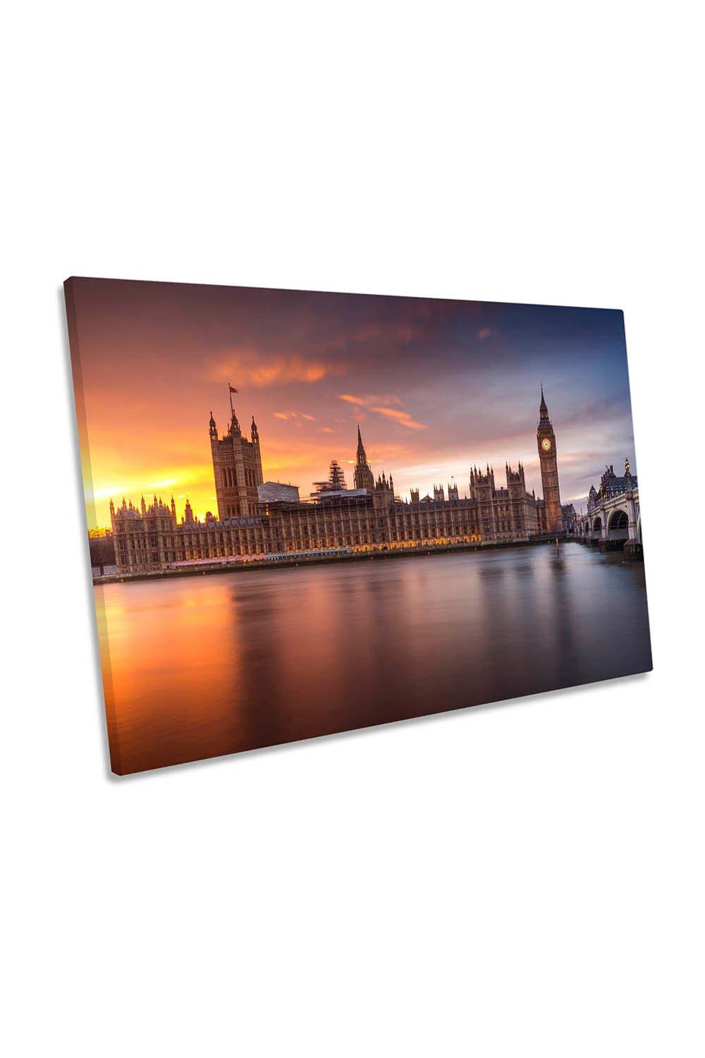 London Westminster Sunset Orange Canvas Wall Art Picture Print