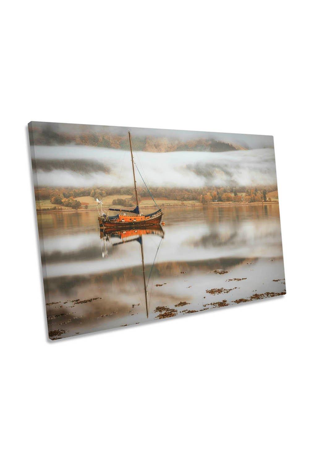 Sail Boat Misty Morning Lake Canvas Wall Art Picture Print