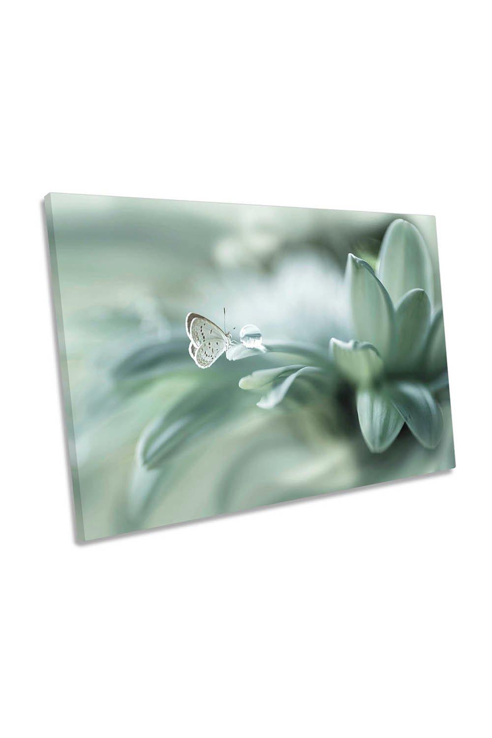 Green Flowers White Butterfly Floral Canvas Wall Art Picture Print