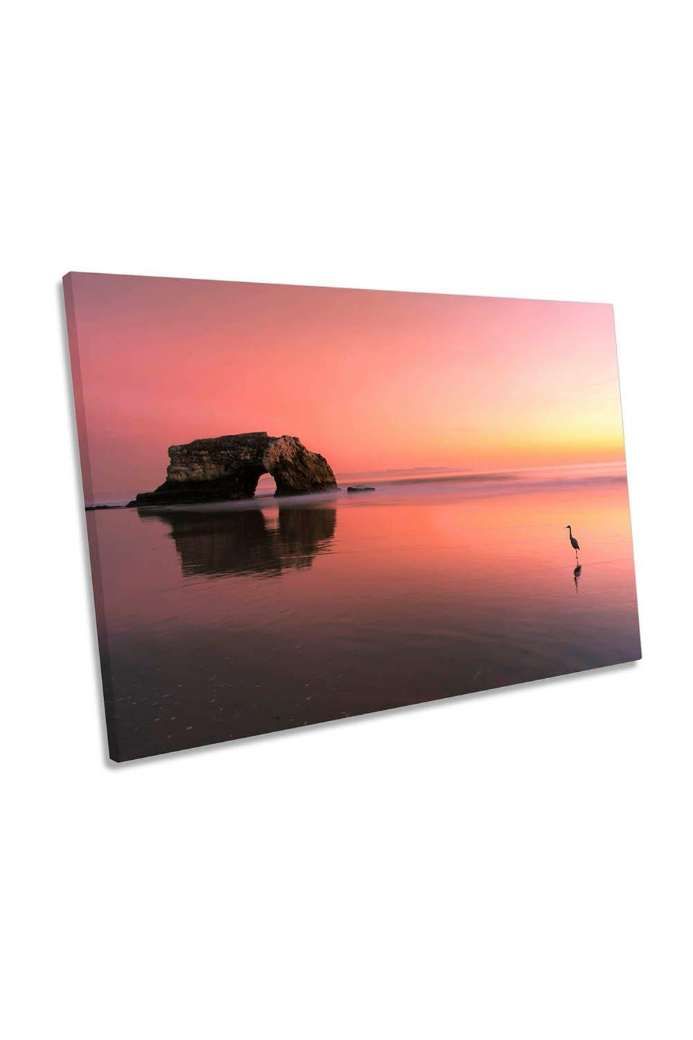 Sunset at the Beach Bird Coastal Pink Canvas Wall Art Picture Print
