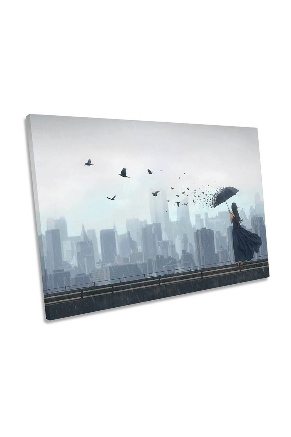 Fly Away Umbrella Birds City Canvas Wall Art Picture Print