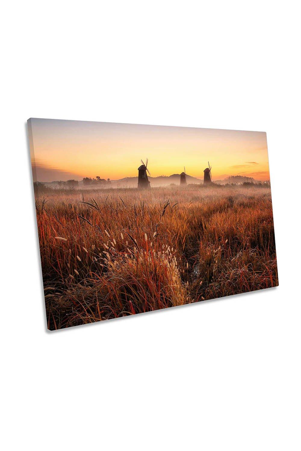 Autumn Morning Windmills Sunset Canvas Wall Art Picture Print