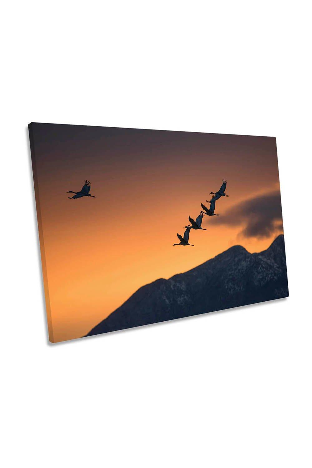 Above the Snowy Mountains Birds Orange Canvas Wall Art Picture Print
