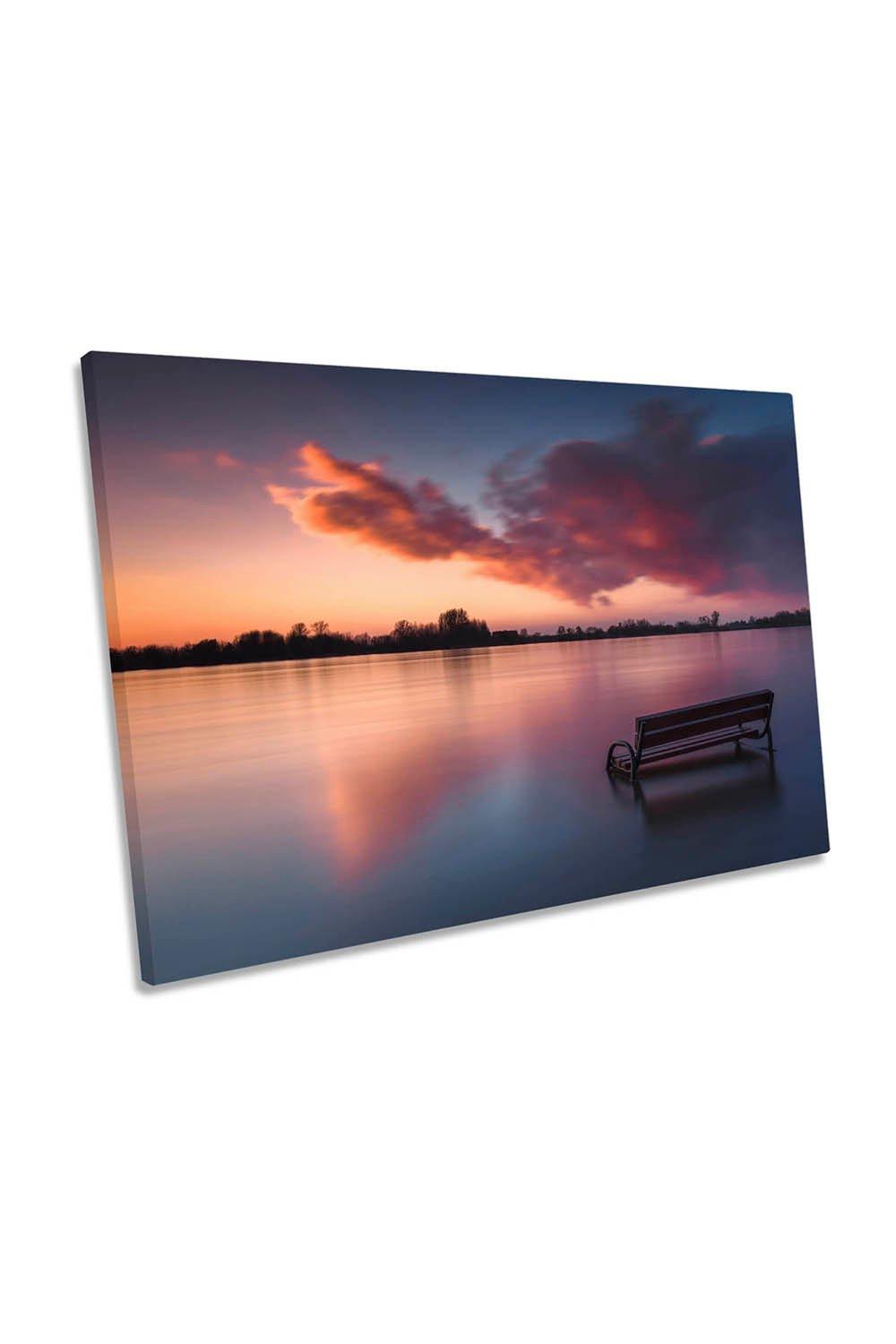 Bench Sky Clouds Sunset Lake Canvas Wall Art Picture Print