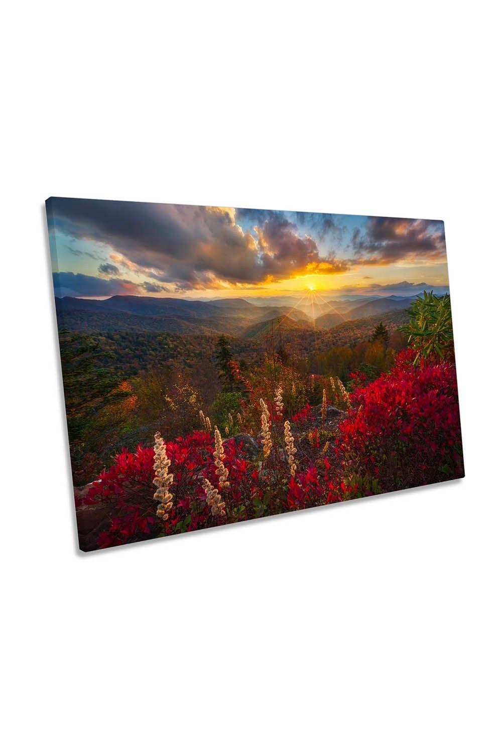 Red Flowers Sunset Mountains Landscape Canvas Wall Art Picture Print
