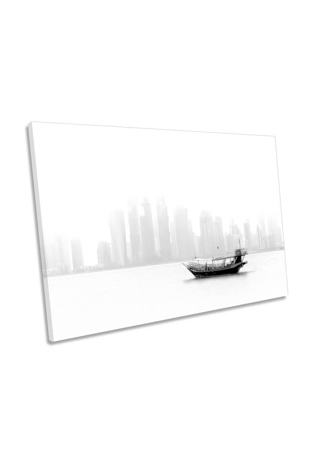 Lonely Boat Doha Qatar Skyline White Canvas Wall Art Picture Print