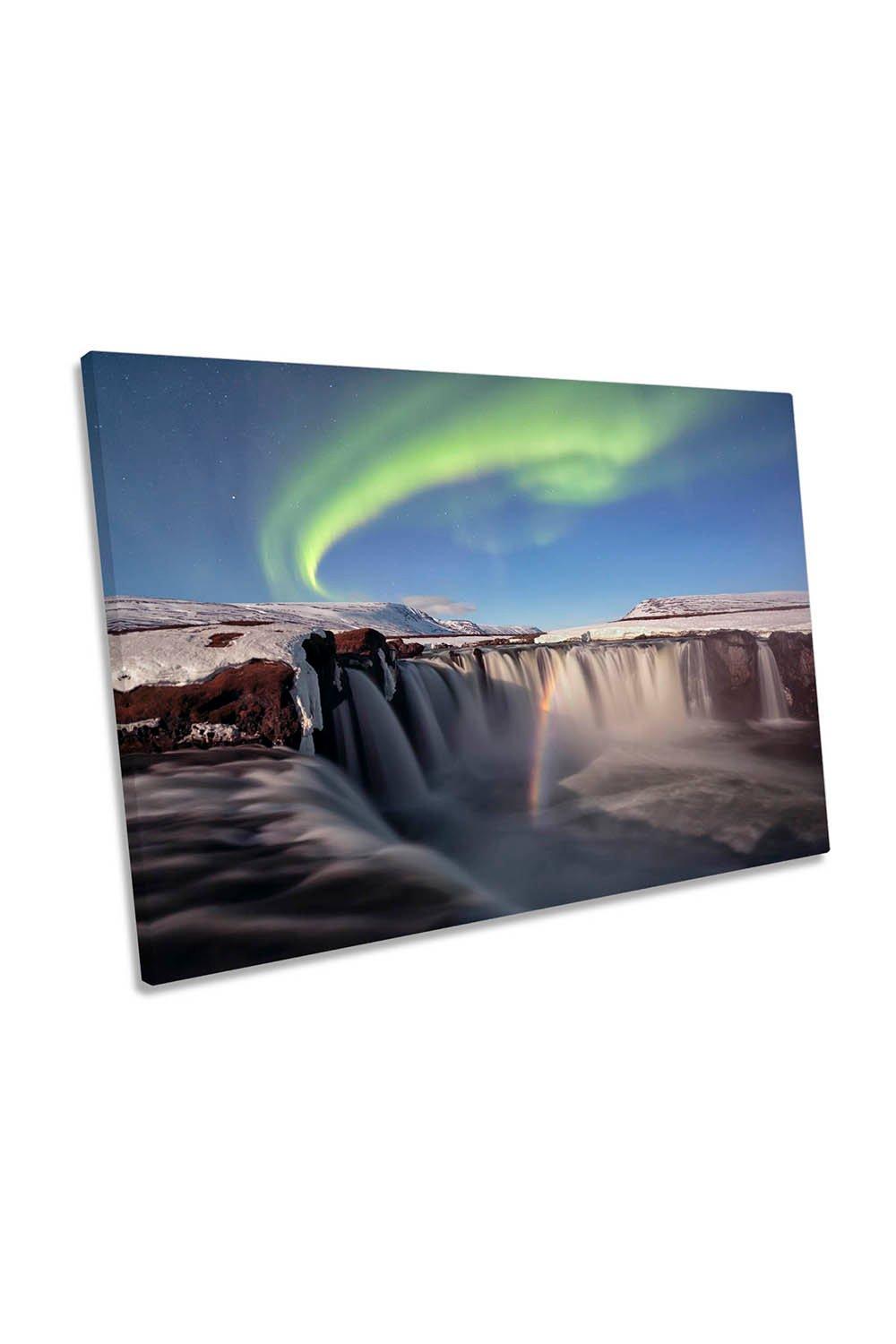 The Astonishing Waterfall Green Northern Lights Canvas Wall Art Picture Print
