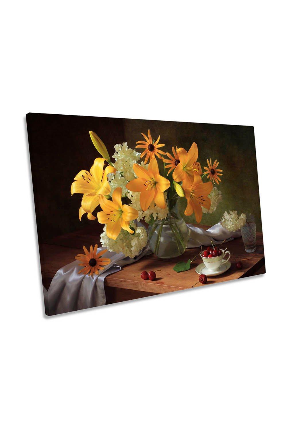 Still Life with Yellow Lilly Flowers Canvas Wall Art Picture Print