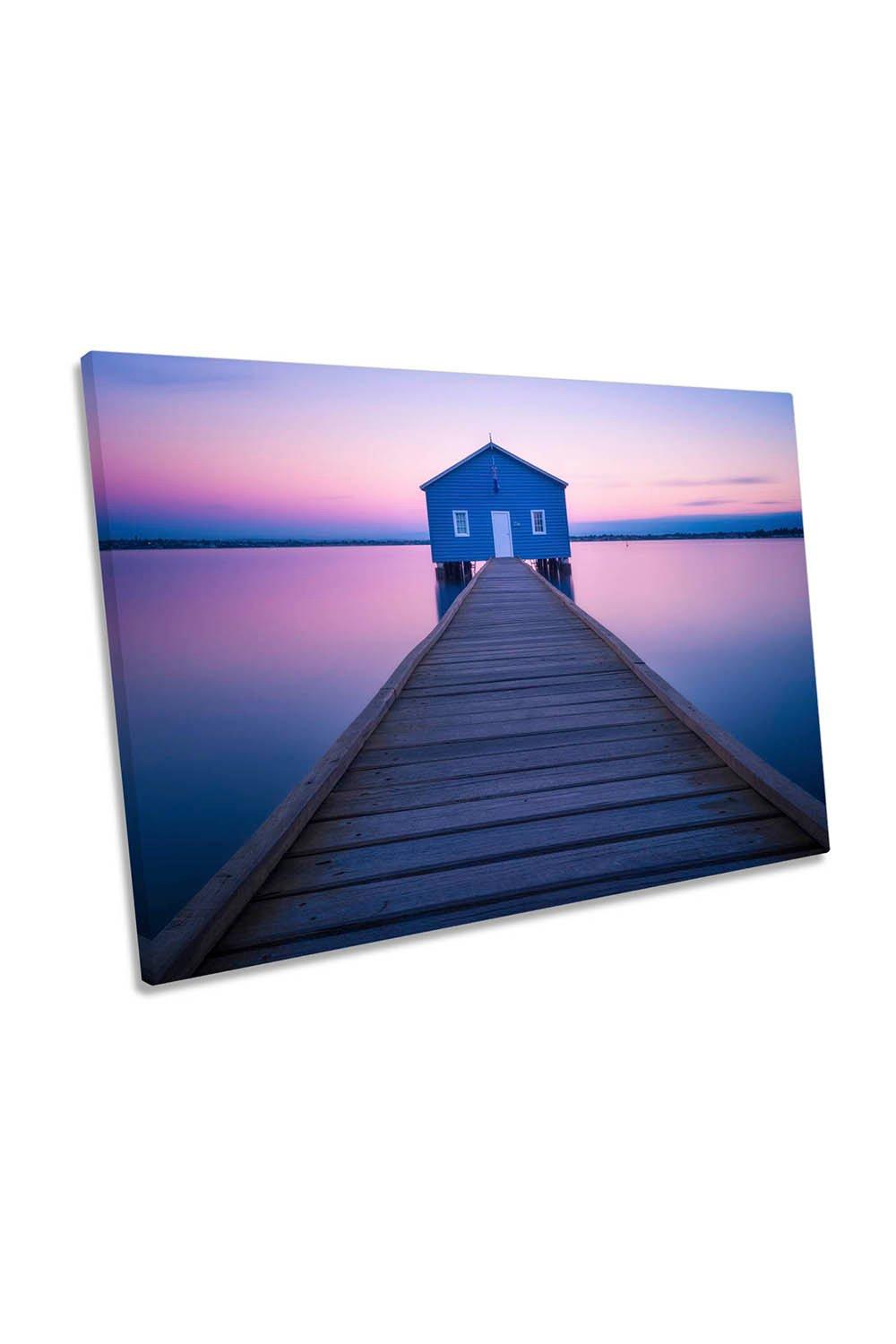 Boathouse Pink Sunset Lake Jetty Canvas Wall Art Picture Print