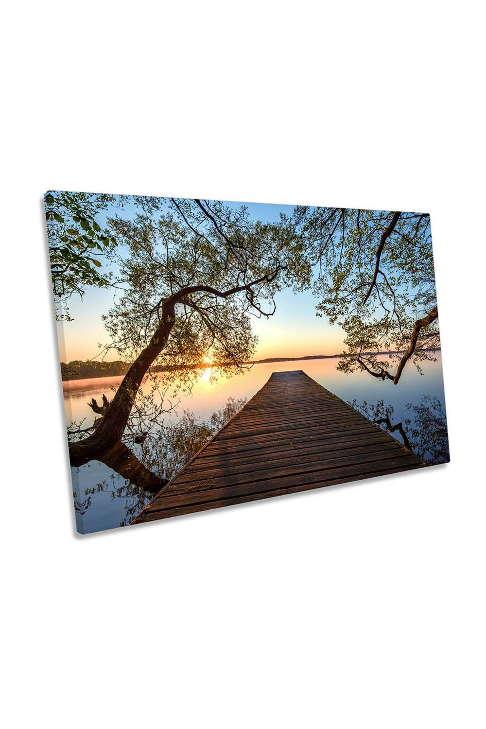 Lake Bridge Branches Sunset Morning Canvas Wall Art Picture Print
