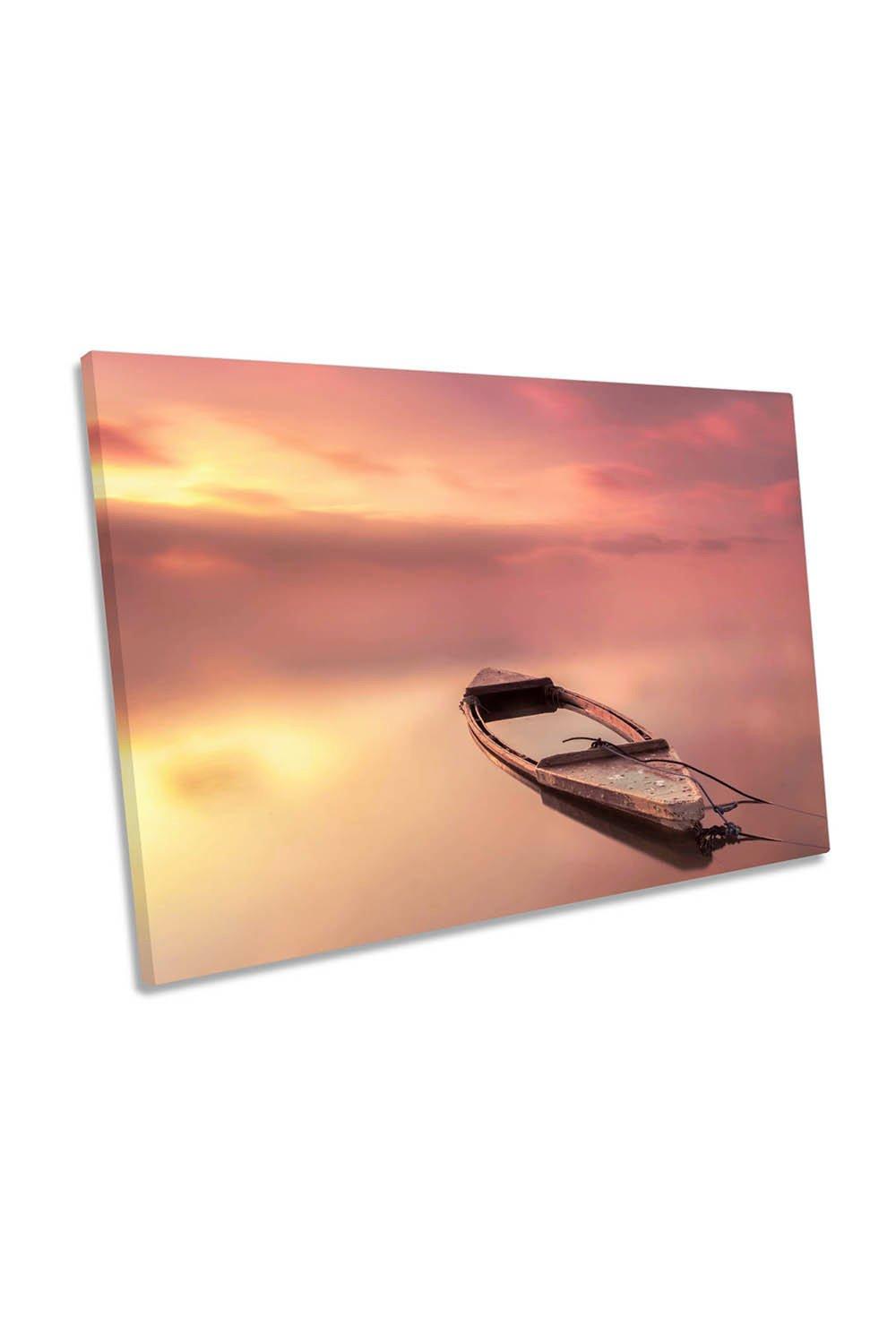 The Boat Pink Sunset Lake Canvas Wall Art Picture Print