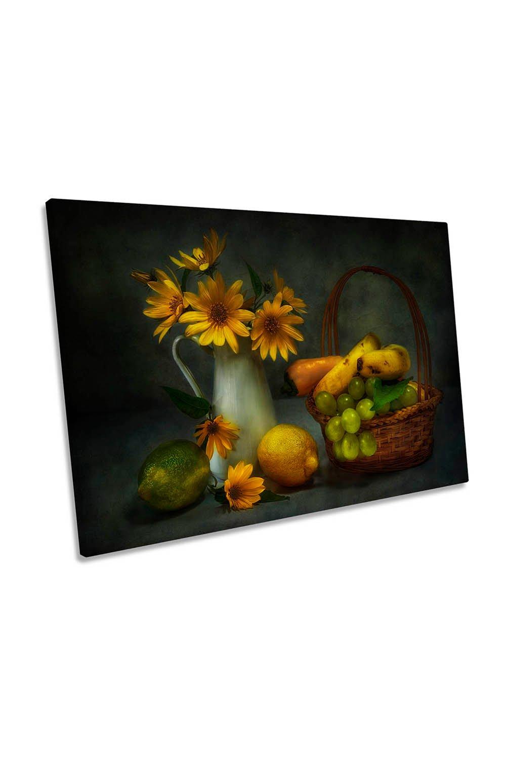 Greens and Yellows Fruit Basket Kitchen Canvas Wall Art Picture Print